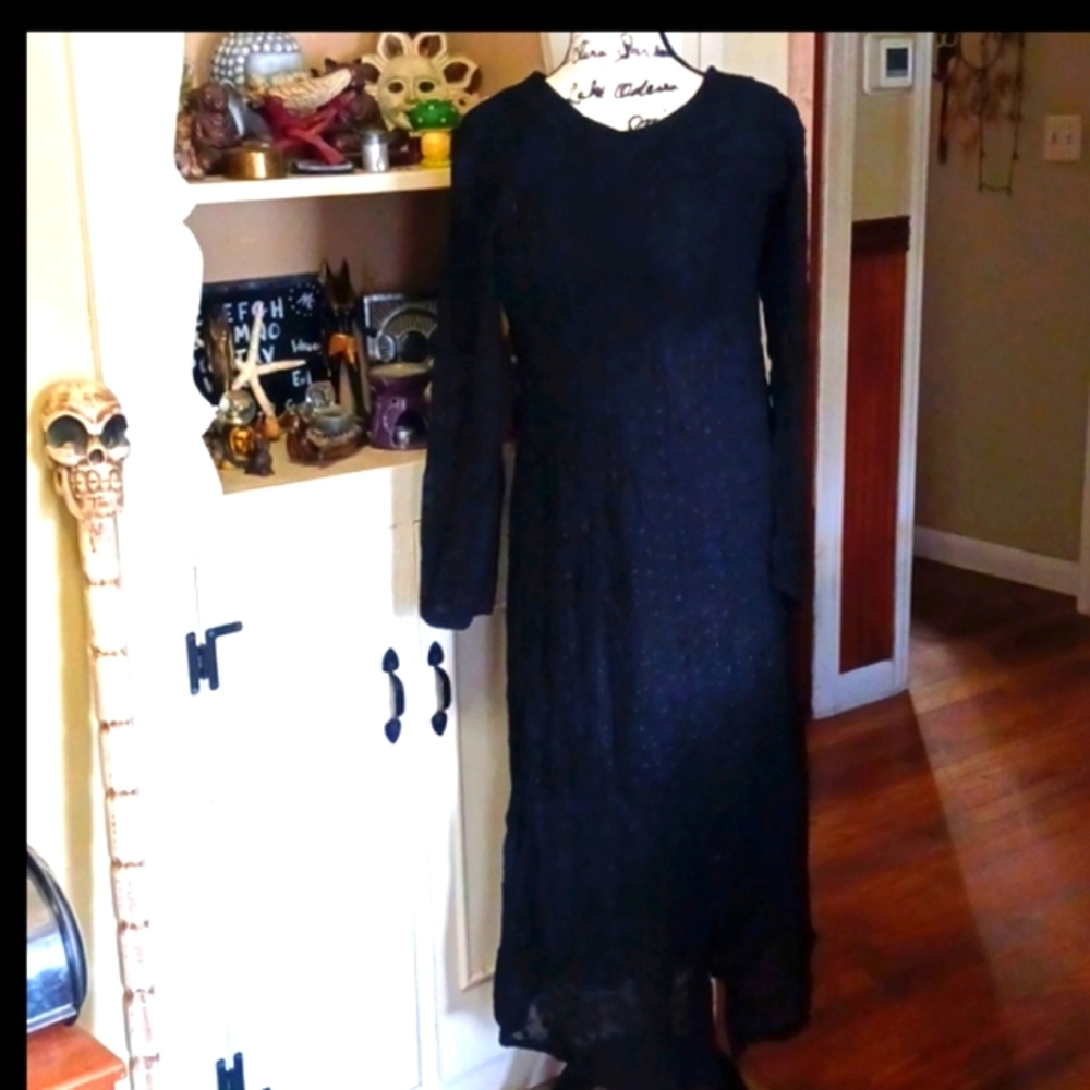 SACRED THREADS Vintage Lined Black Lace Full Length Dress Long Lace Slee…